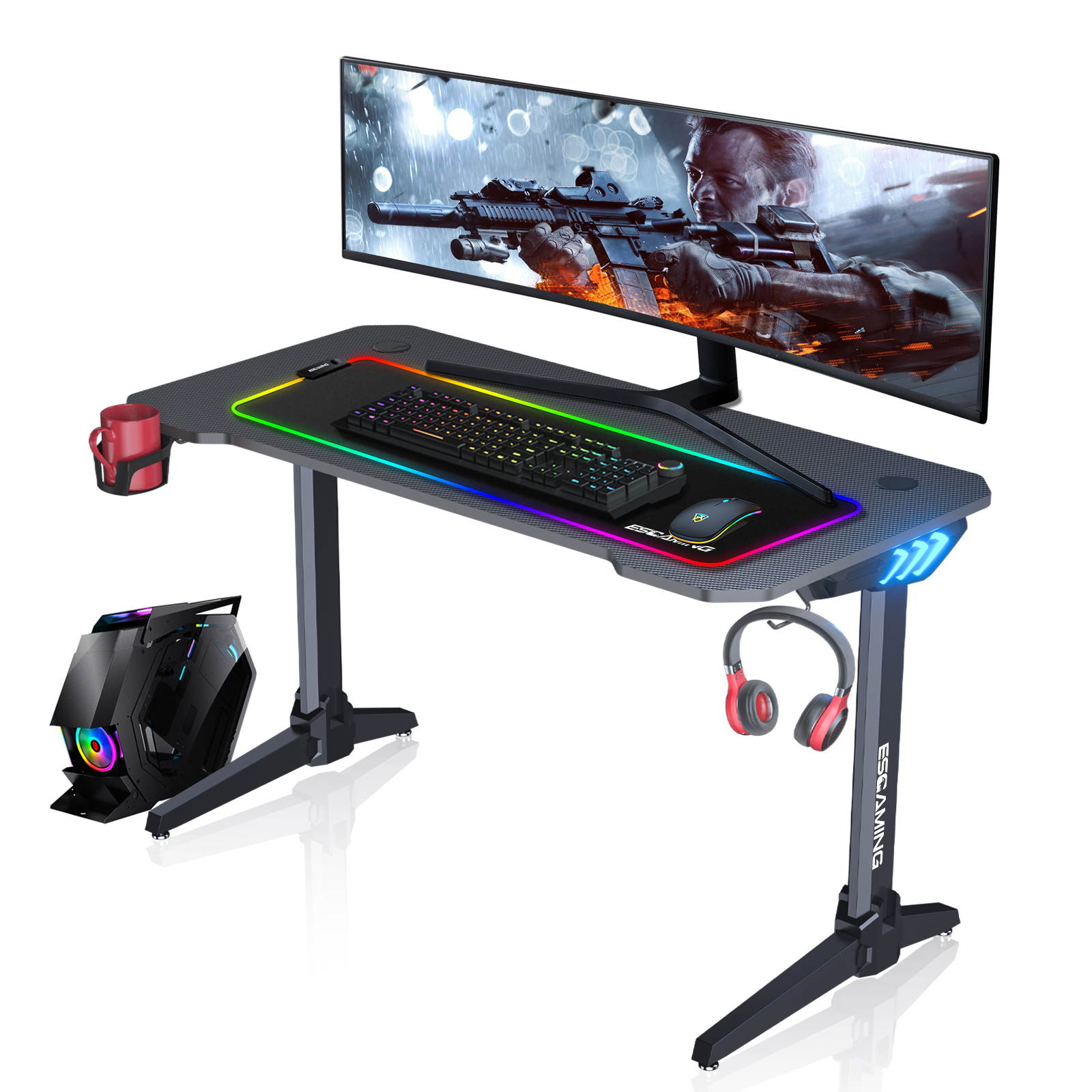 ESGAMING 55.2 Inch RGB light strip Gaming Desk  PC Computer Desk Y-shaped Table Home Office Desk with over-size full black Mouse Pad, Free Headphone Hook, Gaming Handle Rack and Cup Holder (Black)