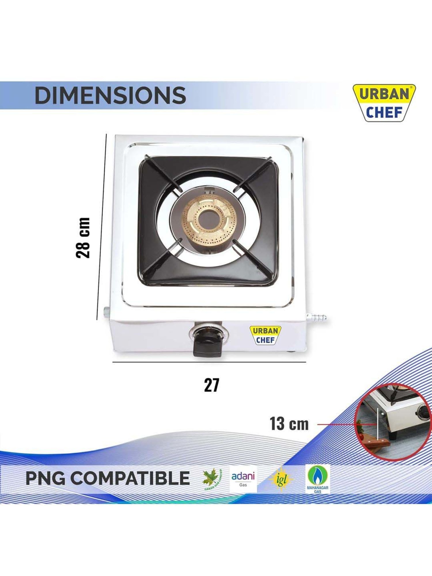 Urban Chef Silver Stainless Steel Manual Ignition 1 Burner Gas Stove