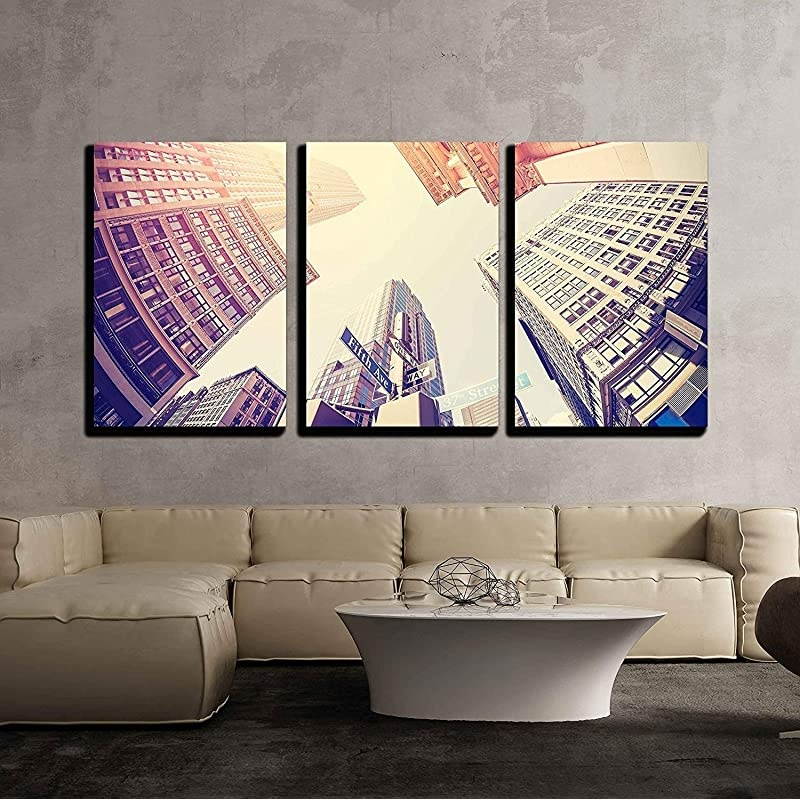 3 Piece Canvas Wall Art Vintage Filtered Fisheye Picture of Manhattan Looking Up at Sky New York City USA Modern Home Art Stretched and Framed Ready to Hang 16quotx24quotx3 Panels