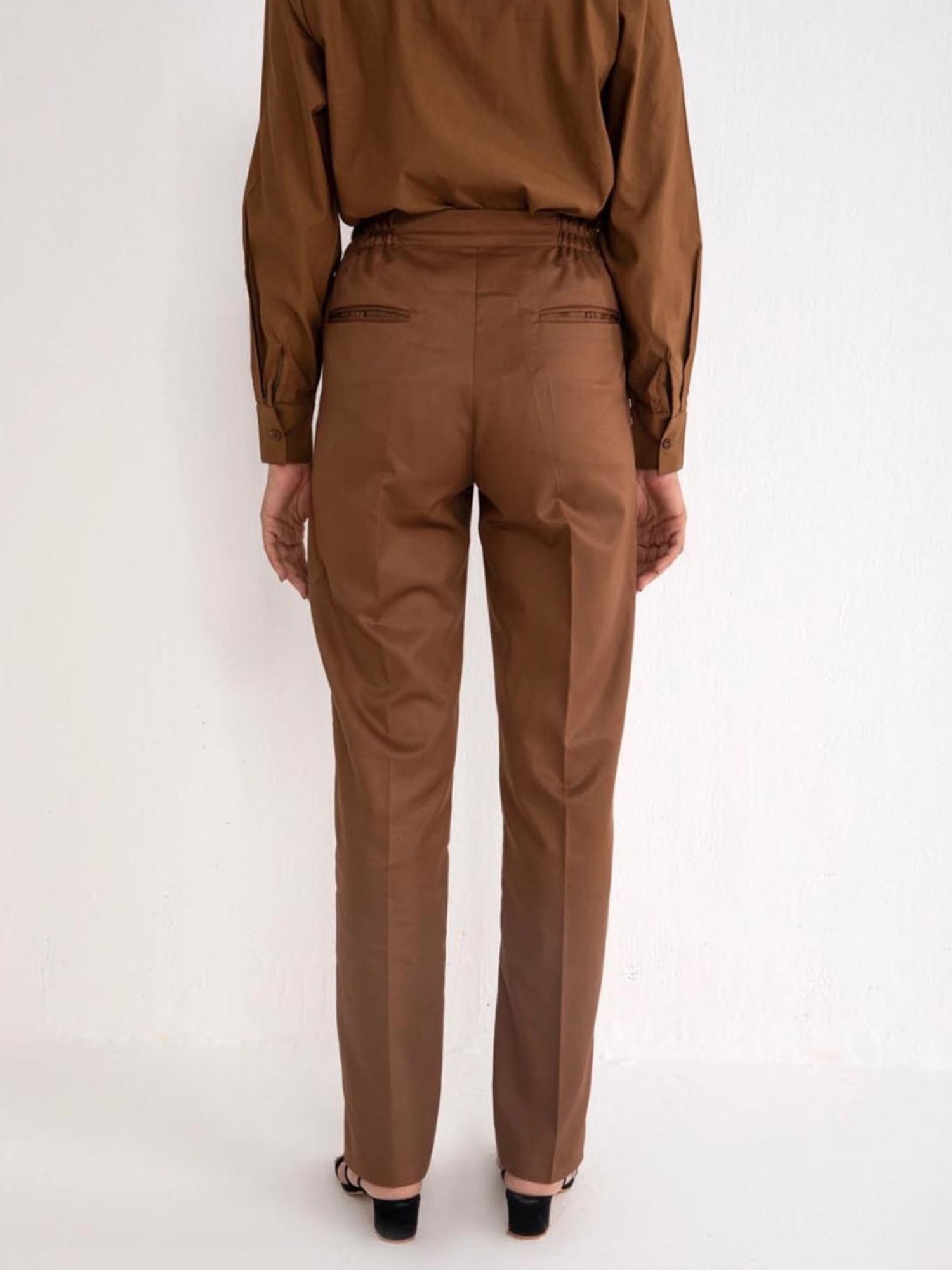Qua Coffee Brown Elasticated Straight Trousers