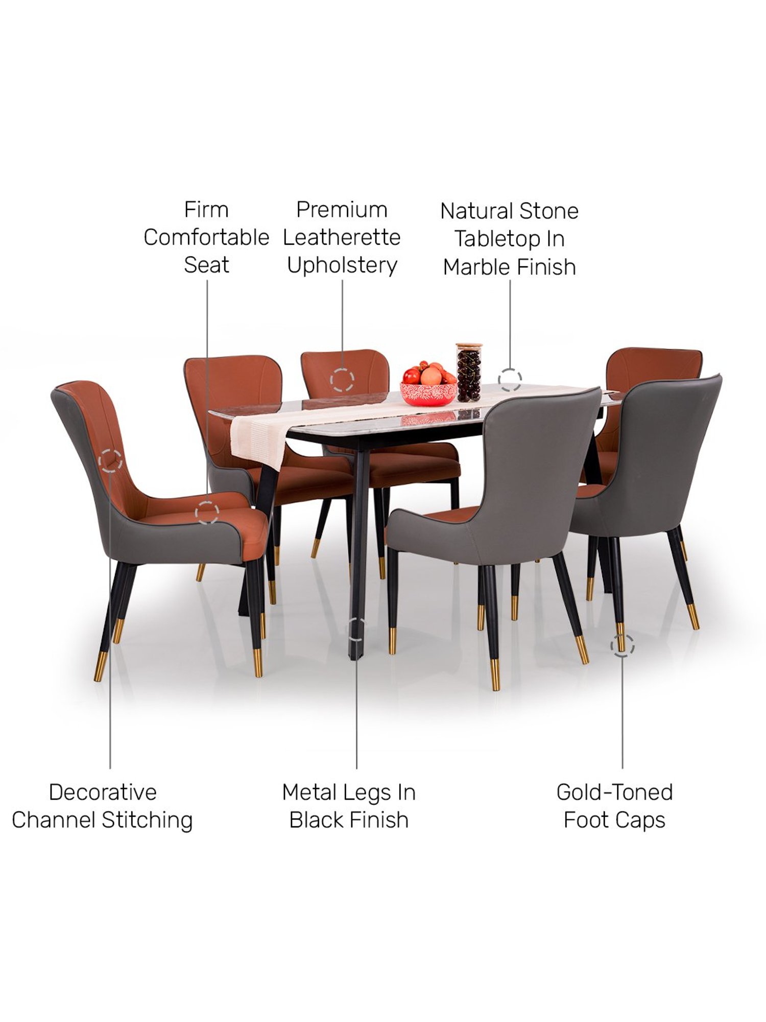 Durian Alaska Cloud Grey Russet Orange Natural Stone 6 Seater Dining Set