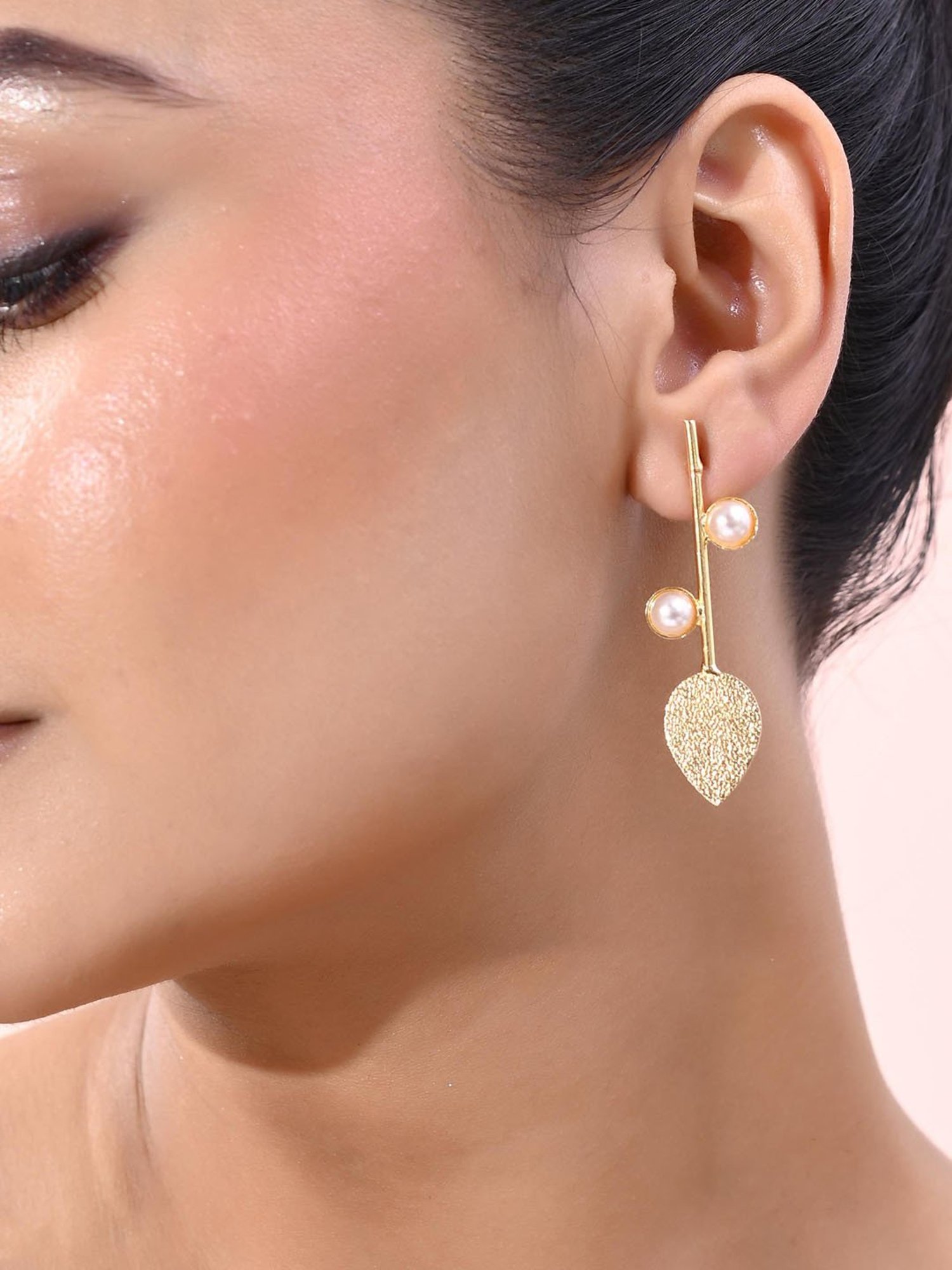 VOJ Gold Plated Leaf Shaped with Pearl Studded Earrings for Women