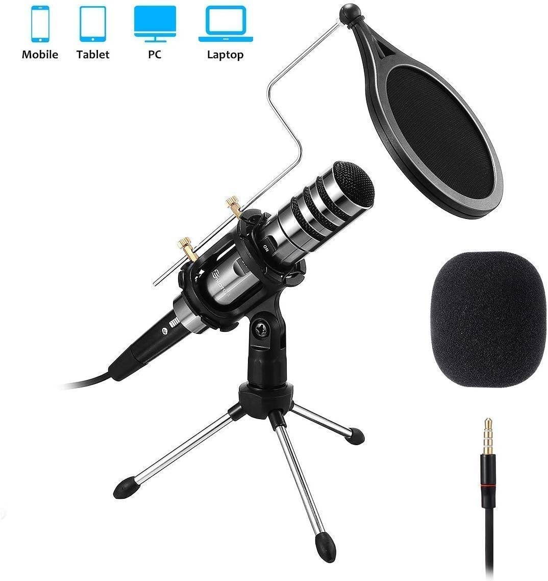 Recording Microphone, 3.5mm Condenser Microphone Plug and Play, PC Microphone with Filter Suitable for Podcasting, Voice Recording, Skype, YouTube, Games, Laptop, Computer, Phone