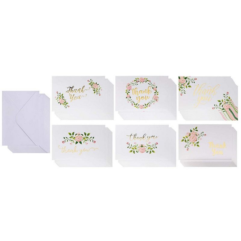 48 Pcs Thank You Cards w/Envelope, Gold Foil Elegant Rose Flower Designs, 4"x6"