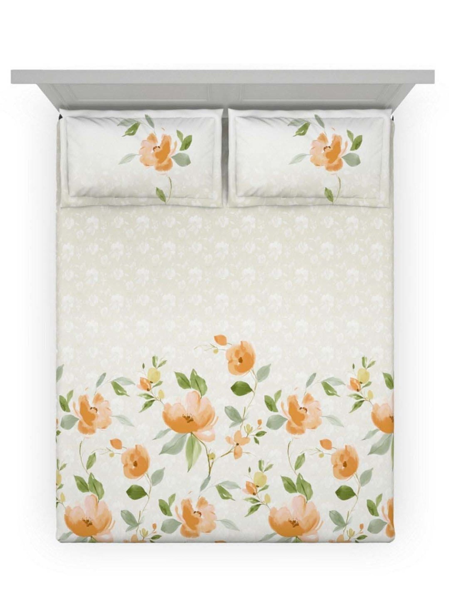DDecor Syrah Floral Orange Cotton 136 TC Double Bedsheet With 2 Pillow Covers
