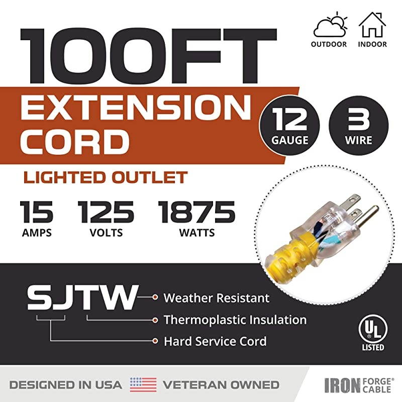 Foot Outdoor Extension Cord 123 SJTW Heavy Duty Yellow 3 Prong Extension Cable Great for Garden and Major Appliances Foot Yellow