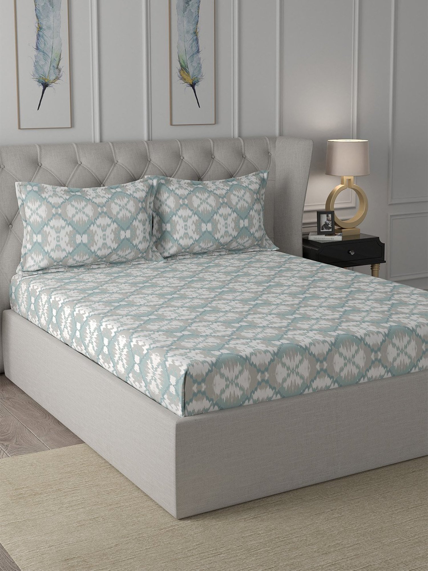 In-House by Maspar Blue 200 TC Cotton Printed Bed Sheet with 2 Pillow Cover