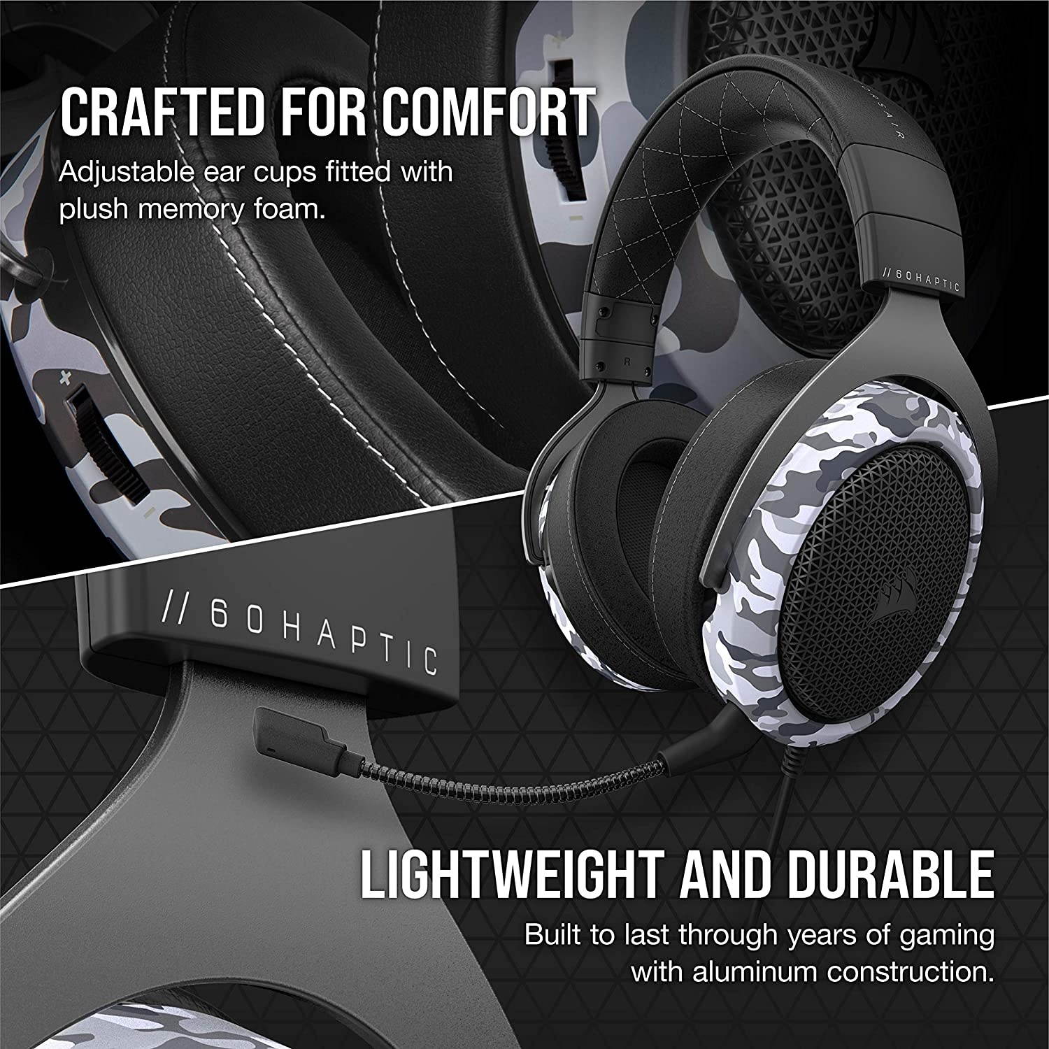 Corsair HS60 Haptic Stereo Gaming Headset with Haptic Bass Memory Foam Earcups Removable Microphone Windows Sonic Compatible Discord-Certified for PC - Arctic Camo