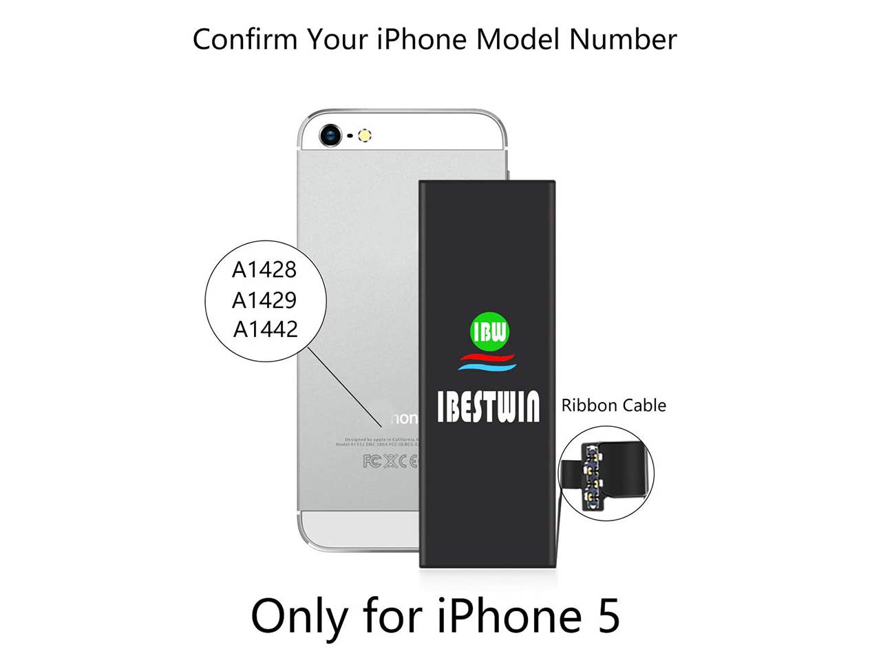 IBESTWIN 3.8V 1440mAh Replacement Battery for iPhone 5 A1428, A1429 and A1442 with Replacement Tool Kits, Adhesive Strip and Instruction(Not for iPhone 5S or 5C)-3 Years Warranty