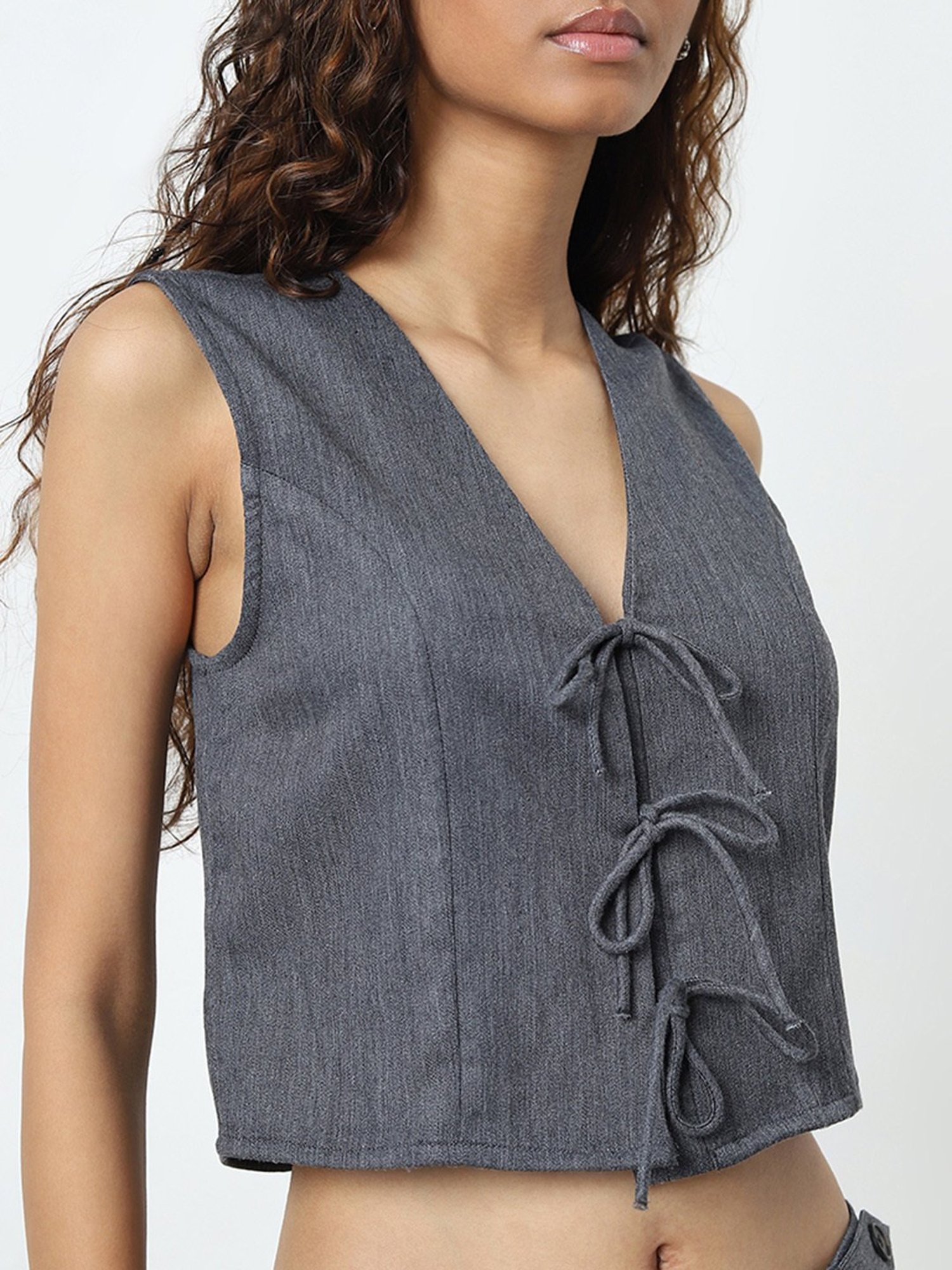 Nuon by Westside Dark Grey Knot-Detailed Waistcoat-Style Top