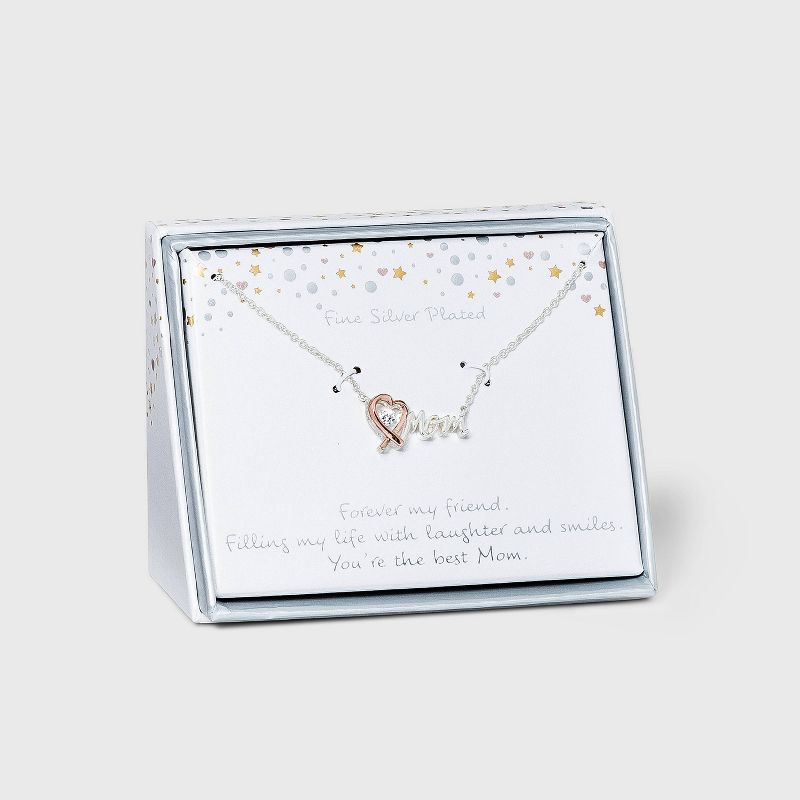 Silver Plated and Rose Gold with Cubic Zirconia 'Mom' Necklace - Silver