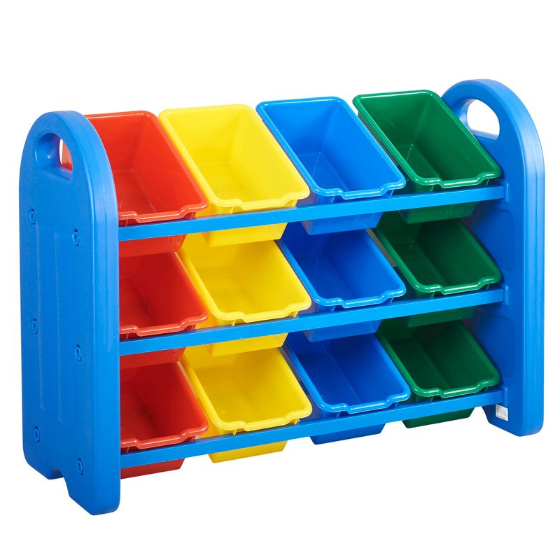 ECR4Kids 3-Tier Toy Storage Organizer for Kids, Blue with 12 Assorted Color Bins