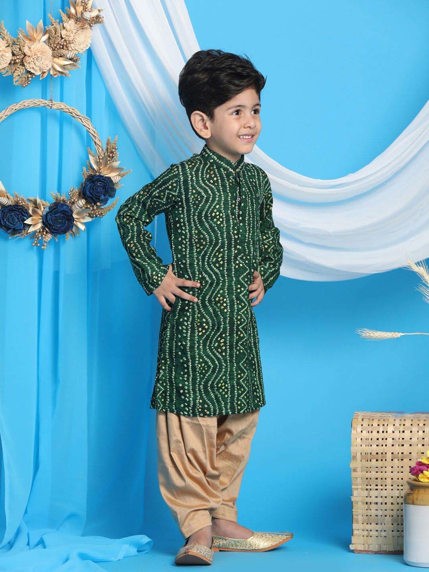 VASTRAMAY Boys Green & Rose Gold Printed Full Sleeves Kurta Sets