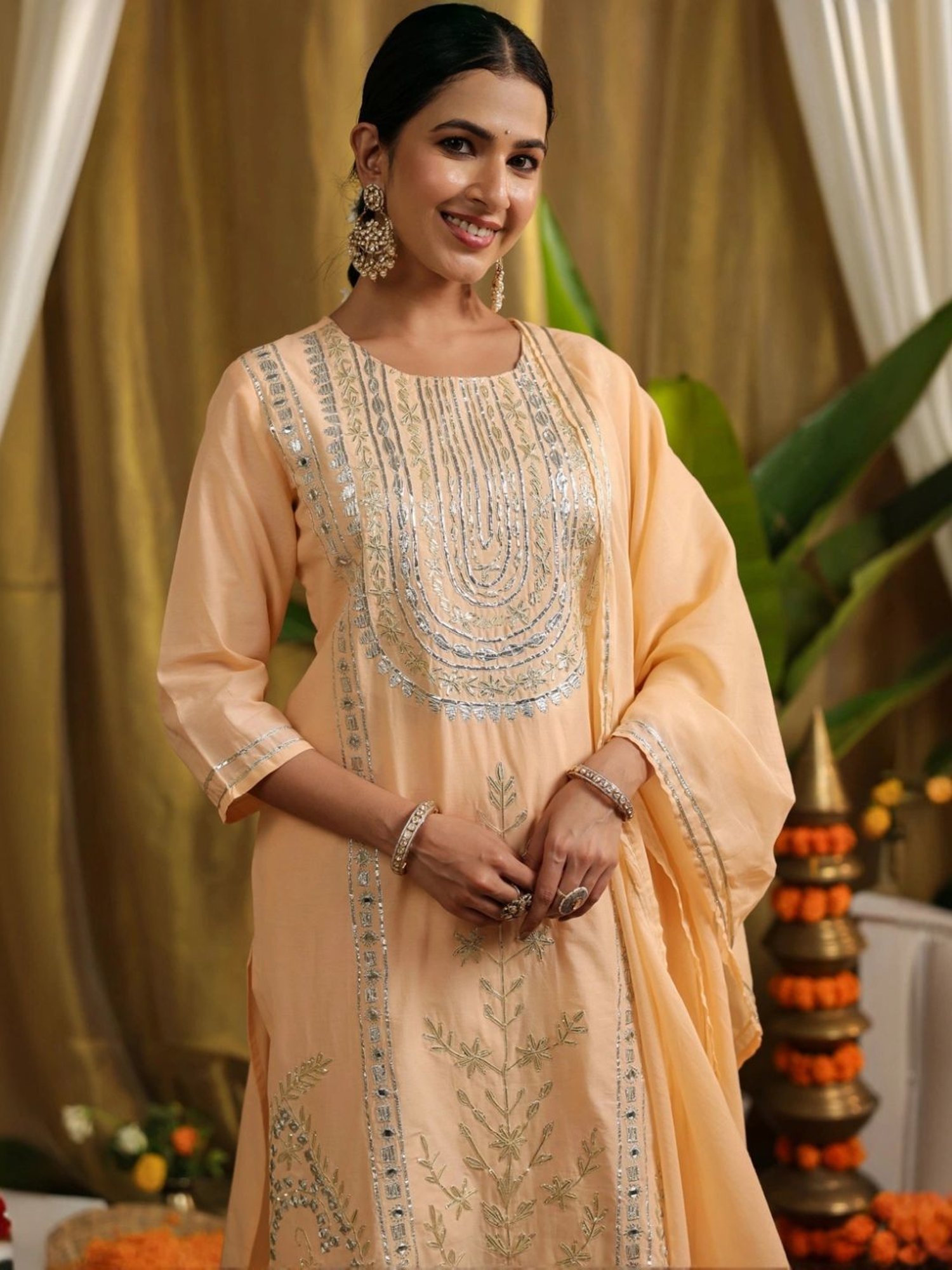 SCAKHI Peach Cotton Gota & Mirror Work Kurta and Pant With Dupatta