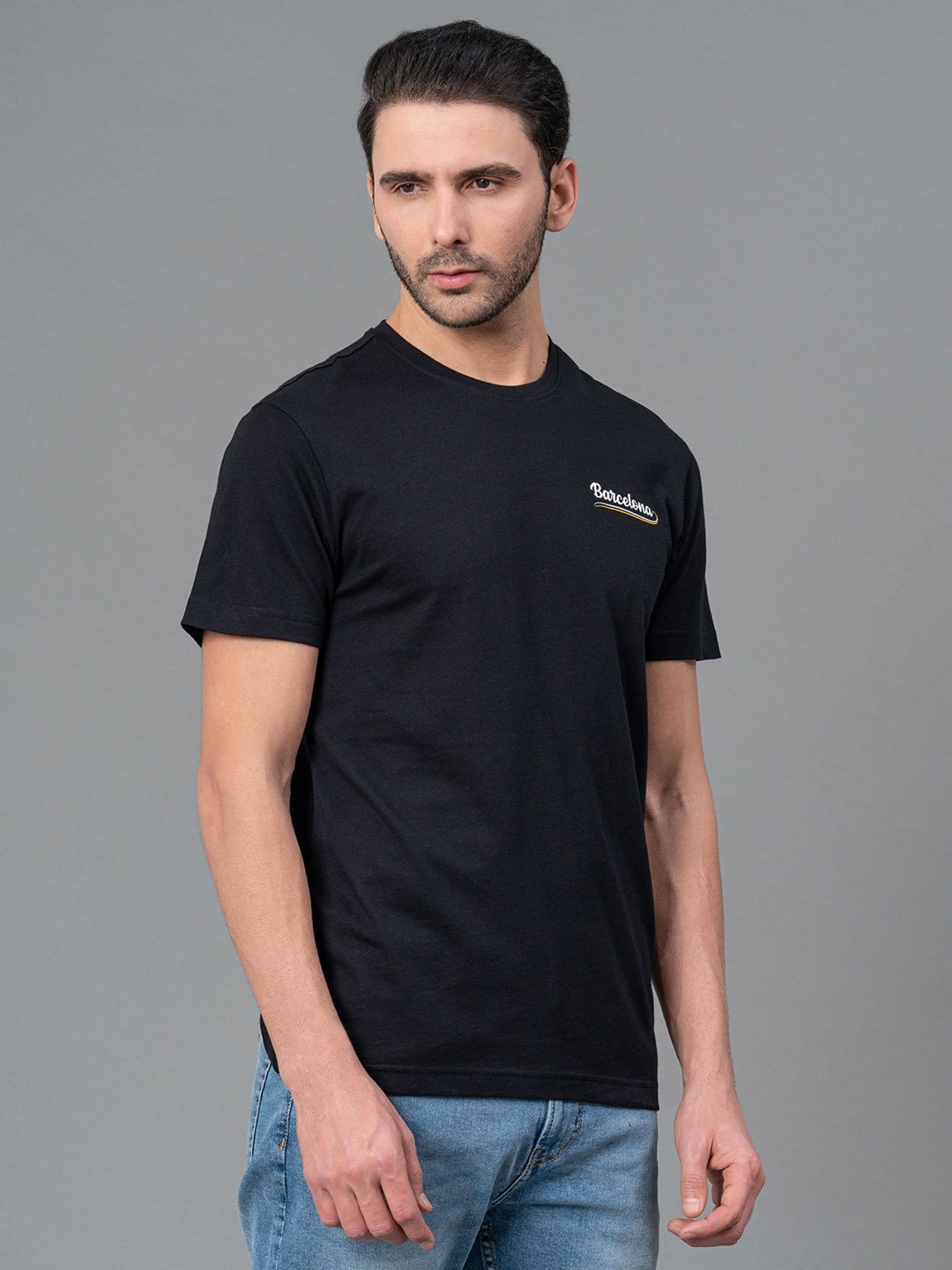 Red Tape Black Regular Fit Printed Cotton Crew T-Shirt
