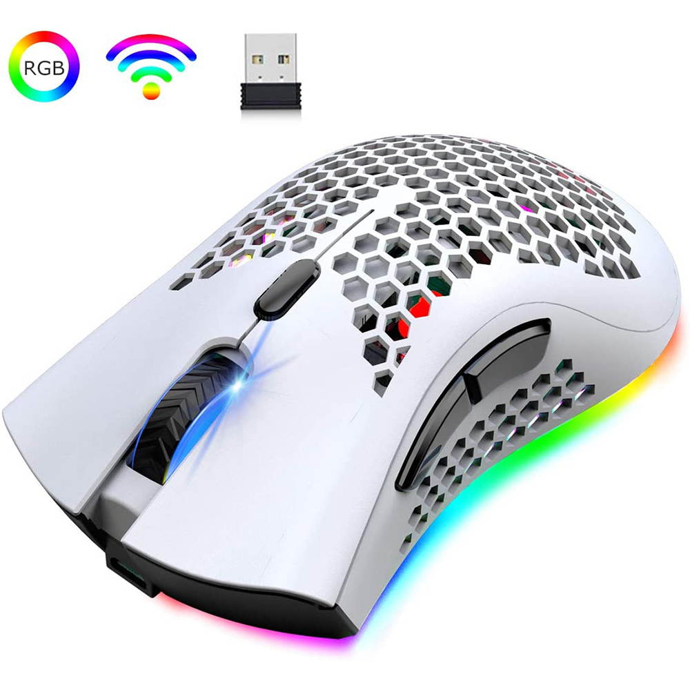 Gaming Mice Wireless Lightweight Gaming Mouse Honeycomb with 7 Button Multi RGB Backlit Perforated Ergonomic Shell Optical Sensor Adjustable DPI Rechargeable 800mAh Battery USB Receiver for PC Laptop