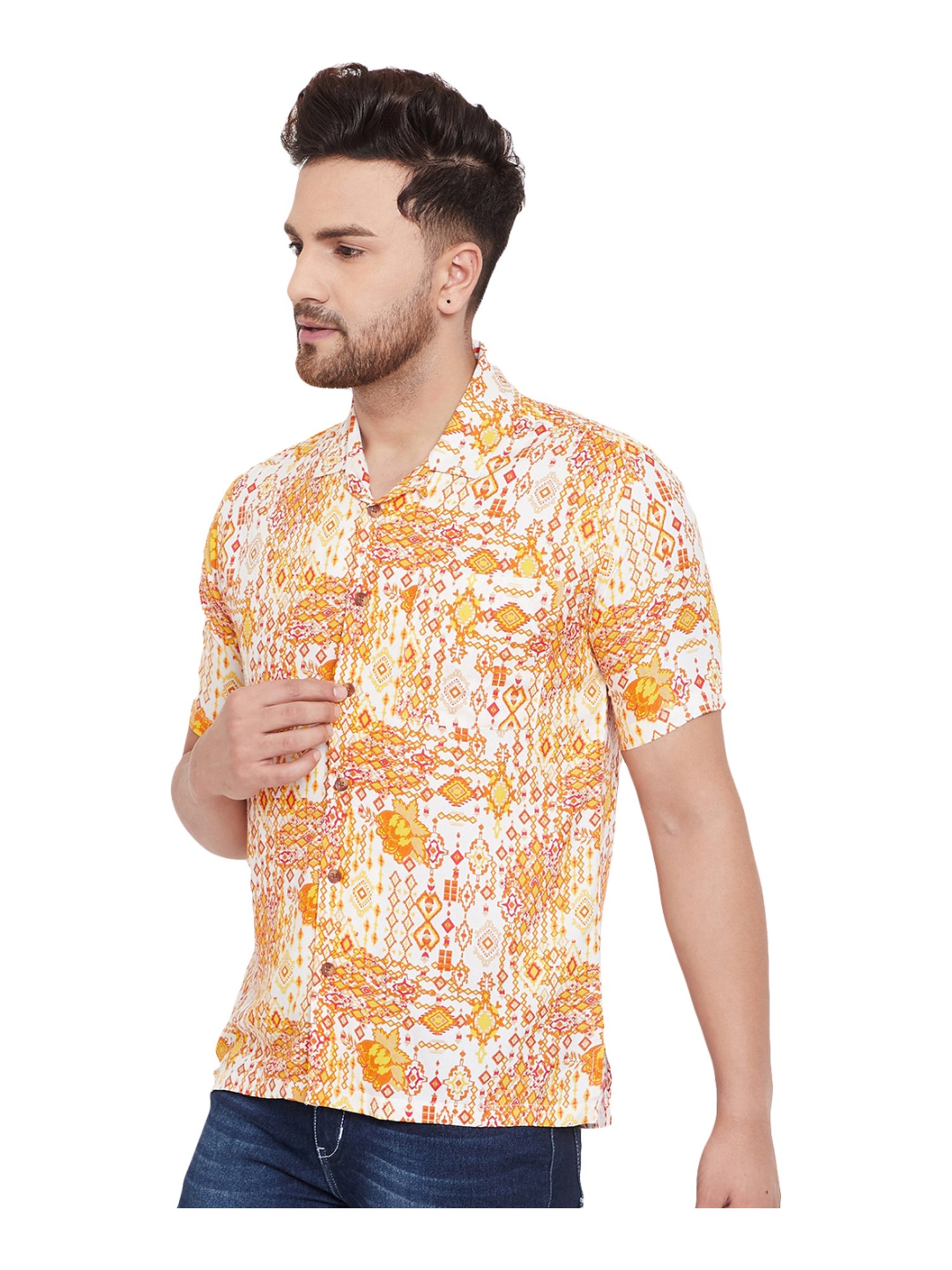 Even Yellow Slim Fit Printed Shirt