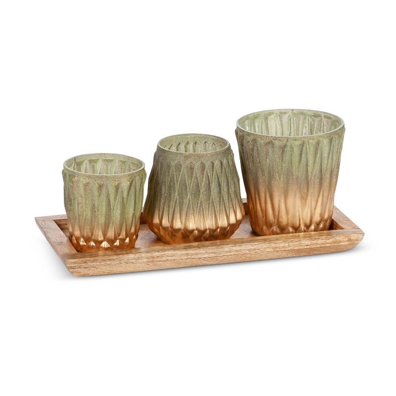 Lone Elm Studios Set of 3 Votive Holders with Mango Wood Tray