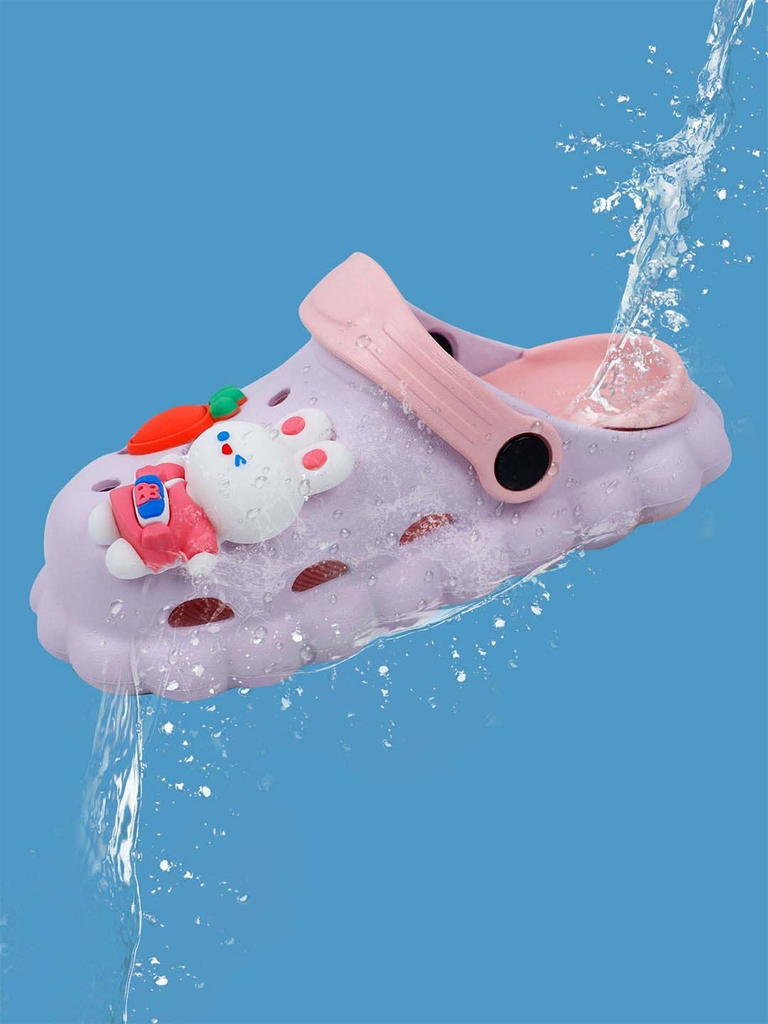Baby Moo Kids Lilac & Red Hungry Bunny Applique Waterproof Anti-Skid Back Strap Clogs