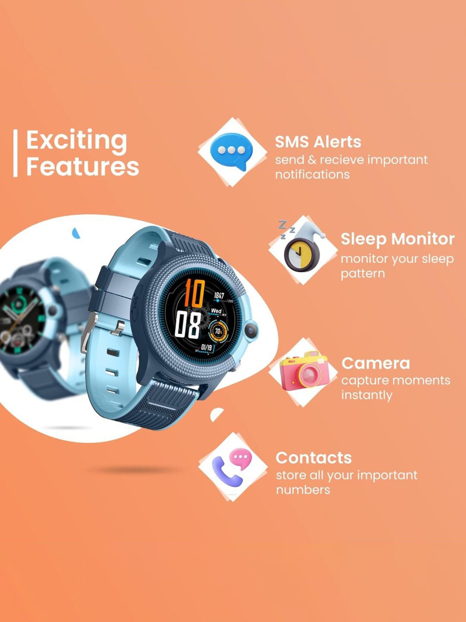 Turet Next Gen LTE 4G Smartwatch for Kids with Voice & Video Call, SOS, HD Camera (Blue)
