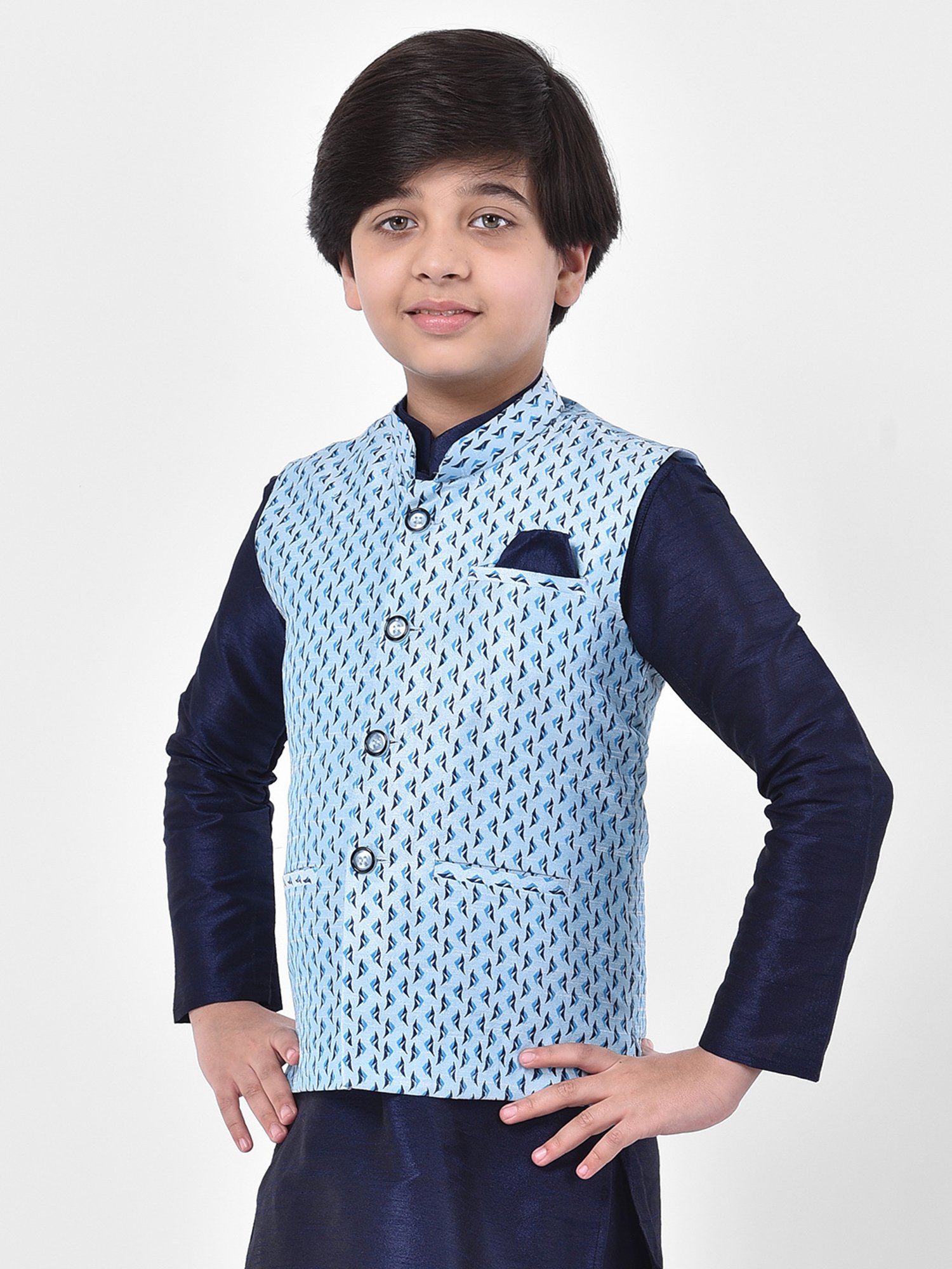 Deyann Kids Blue Printed Nehru Jacket
