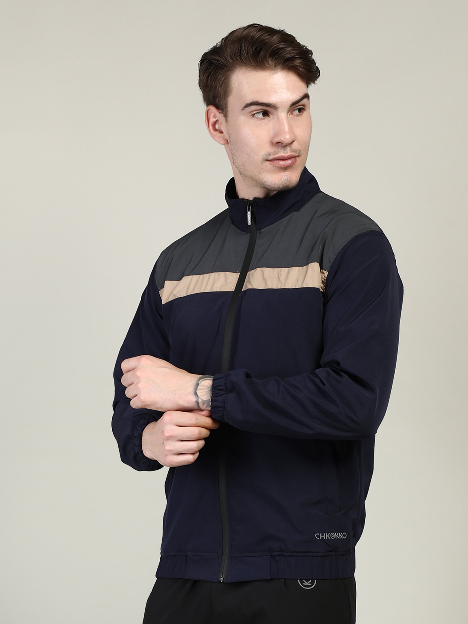 Chkokko Dark Grey & Navy Regular Fit High Neck Wind Cheater Jacket