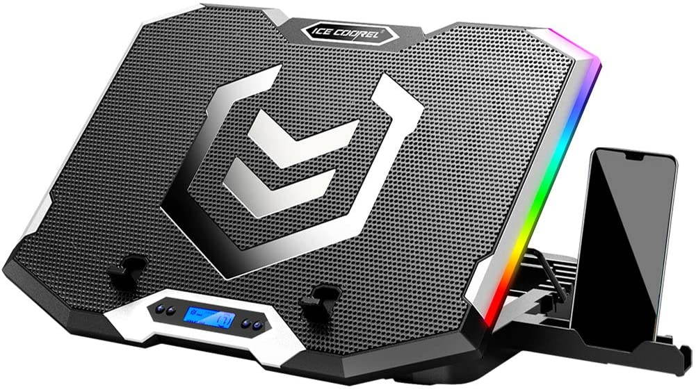 RGB Laptop Cooling Pad 15.6-17.3 Inch, Gaming Laptop Cooler Stand with 6 Quiet Cooling Fans and 6 Height Adjustable, LCD Screen and RGB Lights, Two USB Ports, One Phone Stand