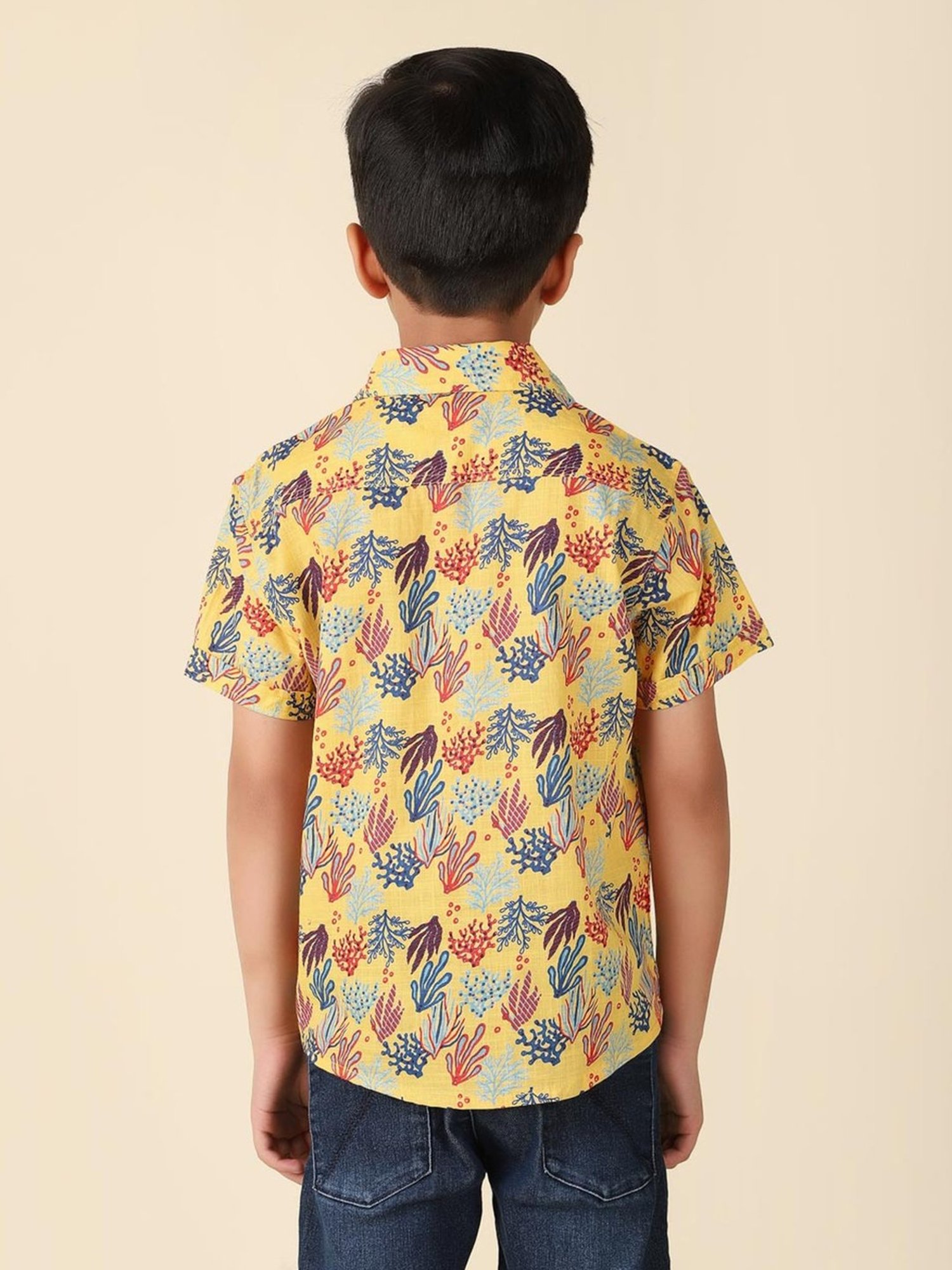 Fabindia Kids Yellow & Blue Cotton Printed Shirt