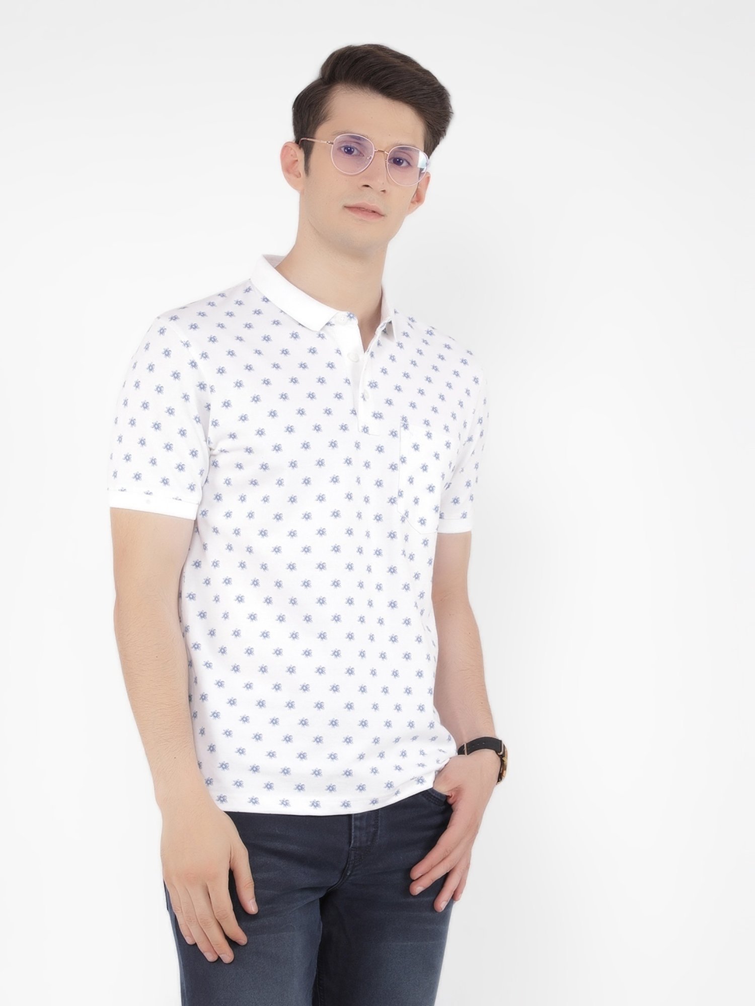 Crimsoune Club White Cotton Slim Fit Floral Print Polo T-Shirt