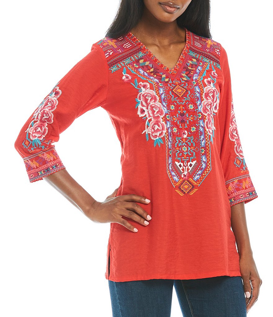 Calessa Mosaic Embroidered V-Neck Tunic