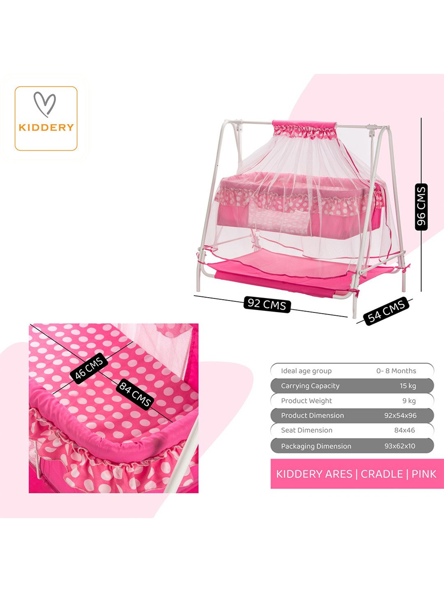Kiddery Pink Baby Cradle with Mosquito Protection Net (Age 0-12 Months)