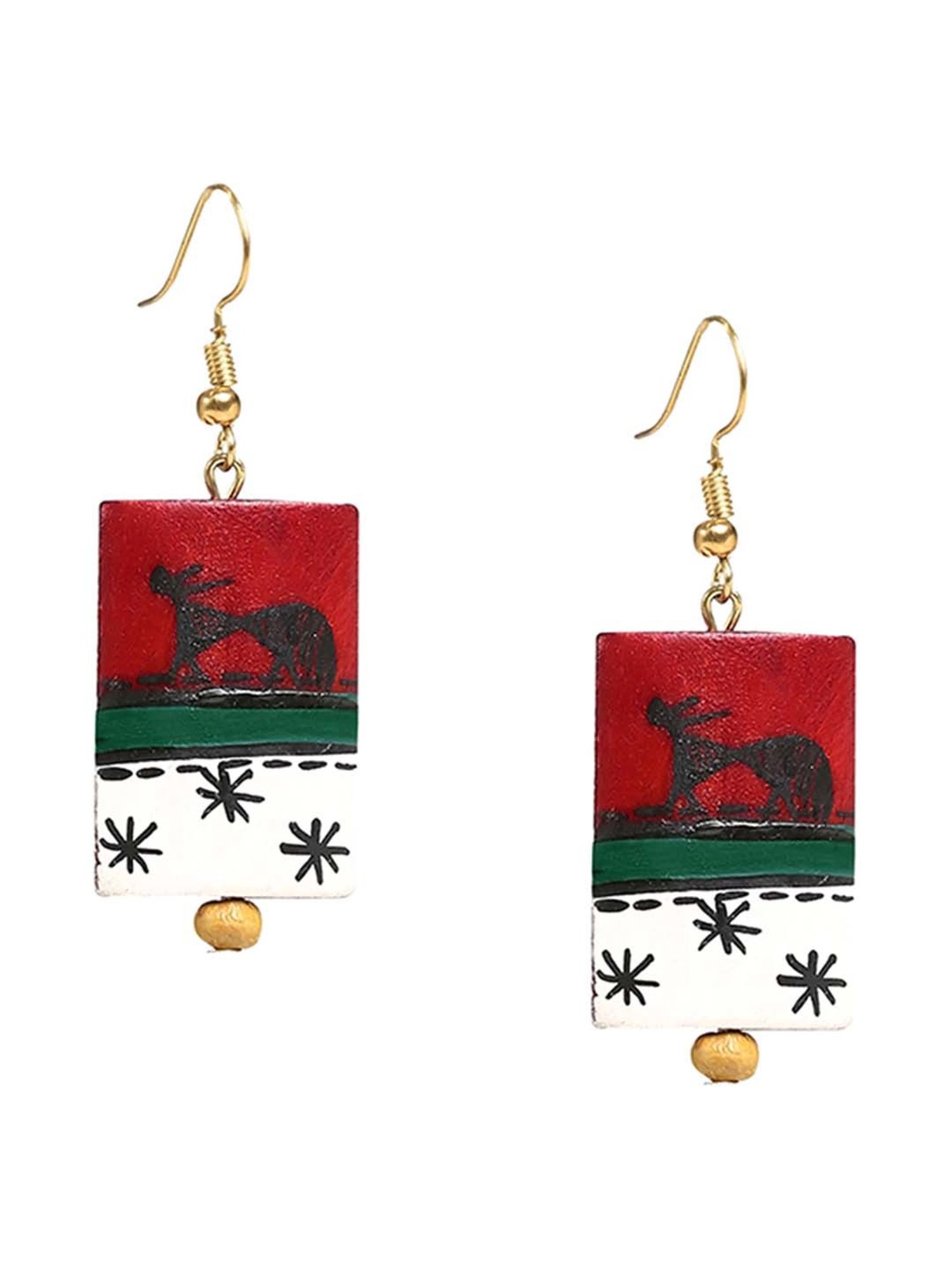 ExclusiveLane 'Tribal Warli Rectangles' Red & White Resin Handpainted Earrings in Warli Art