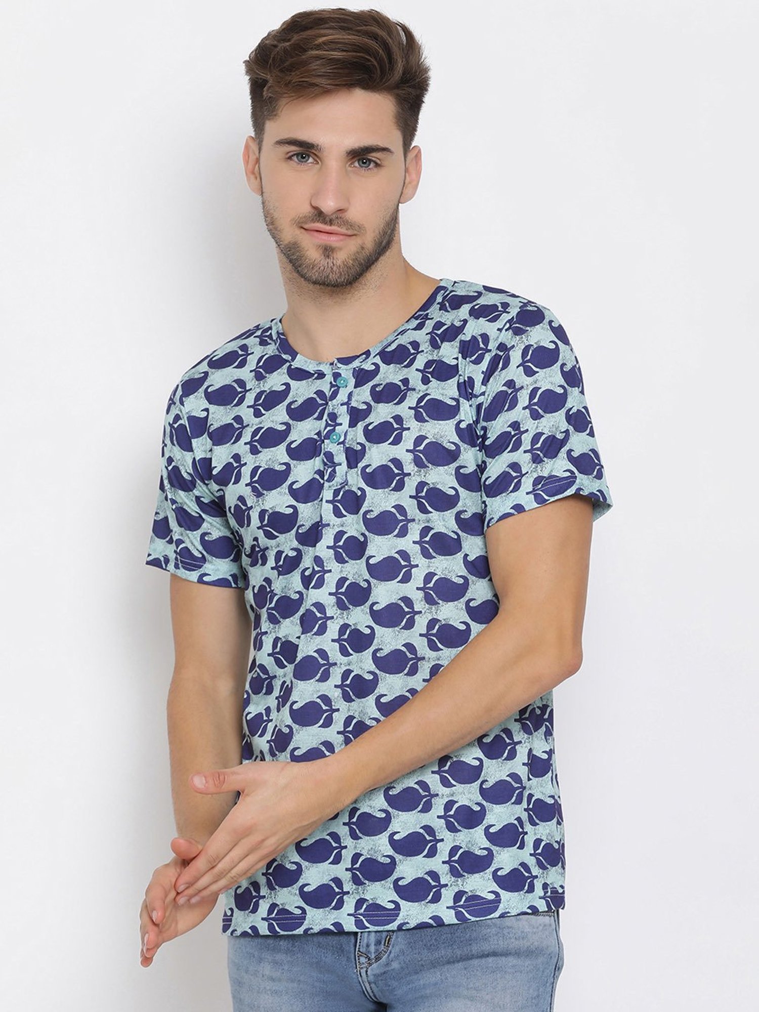 Hangup Plus Blue Regular Fit Printed Henley T-Shirt