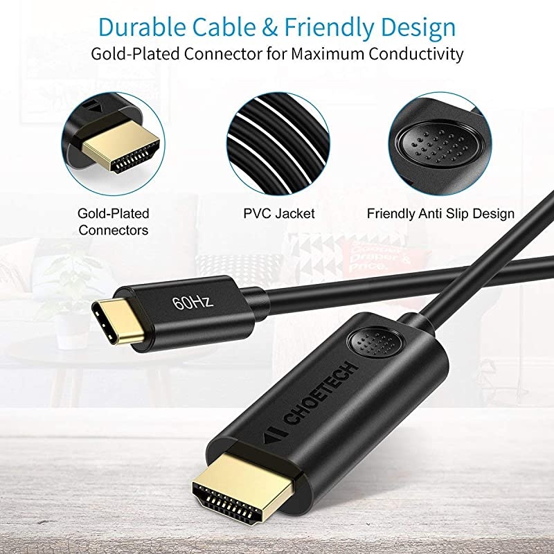 USB C to HDMI Cable (4K @60Hz), HDMI to Type C Cable 6FT (Thunderbolt 3 Compatible) with 2018 MacBook Pro/ Air/ iPad Pro, 2017 iMac, Dell XPS 13/15, Surface Book 2, Samsung Galaxy Note 9/S9