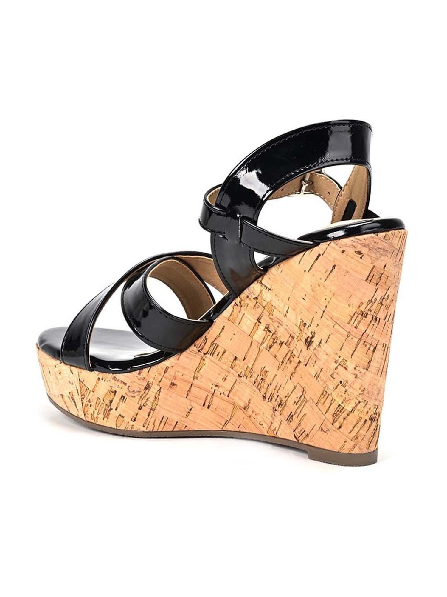 Scentra Women's Black Ankle Strap Wedges