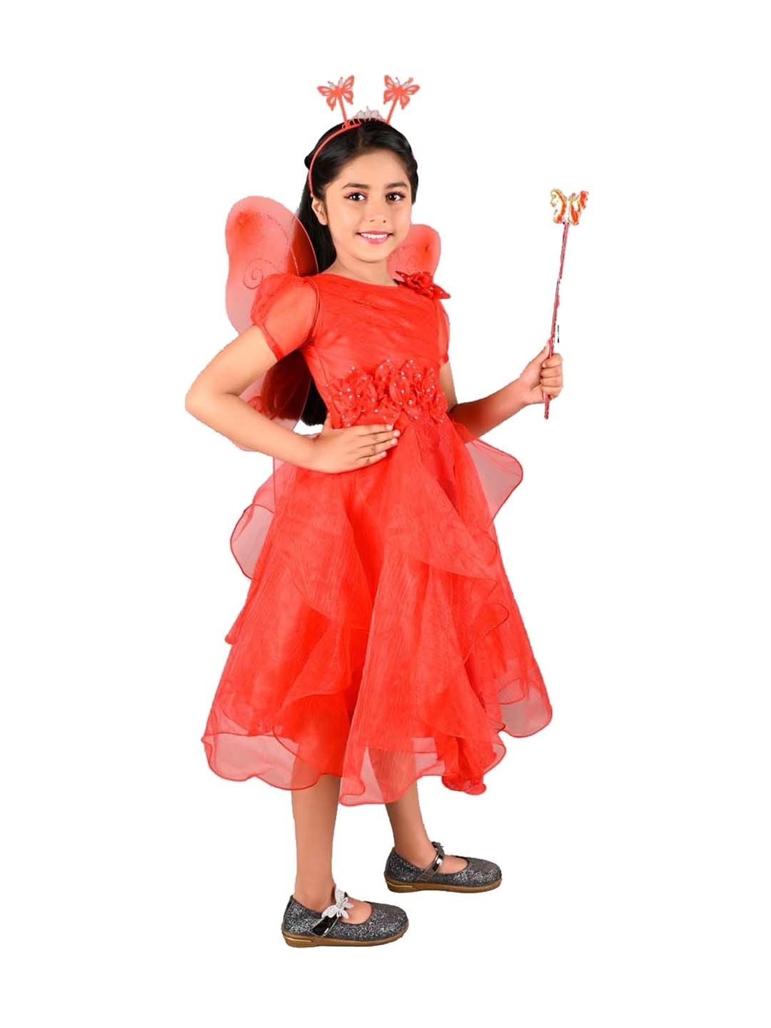 Ahhaaaa Kids Red Cotton Sequence Dress