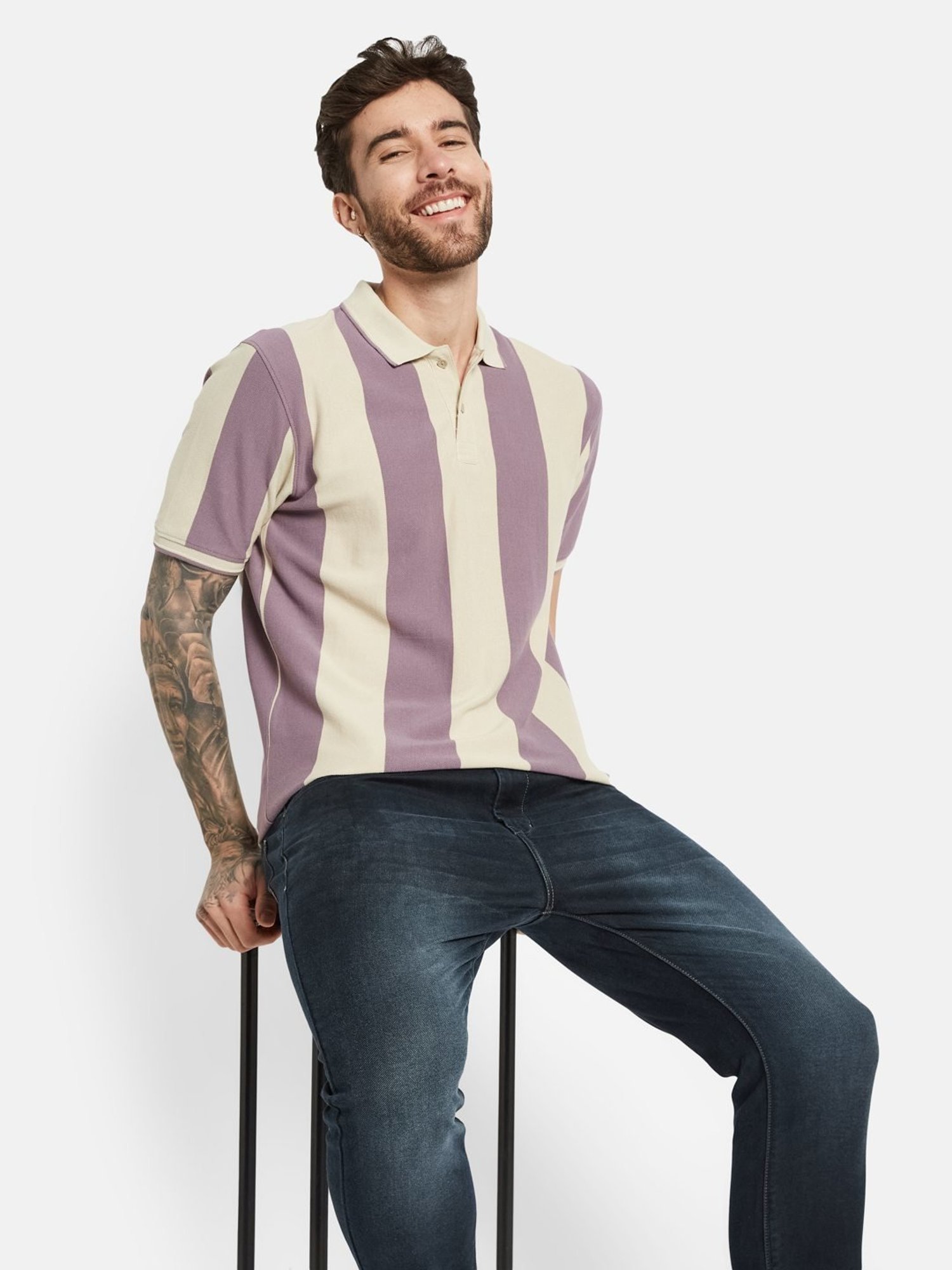 Octave Gravel Cotton Regular Fit Striped Polo T-Shirt