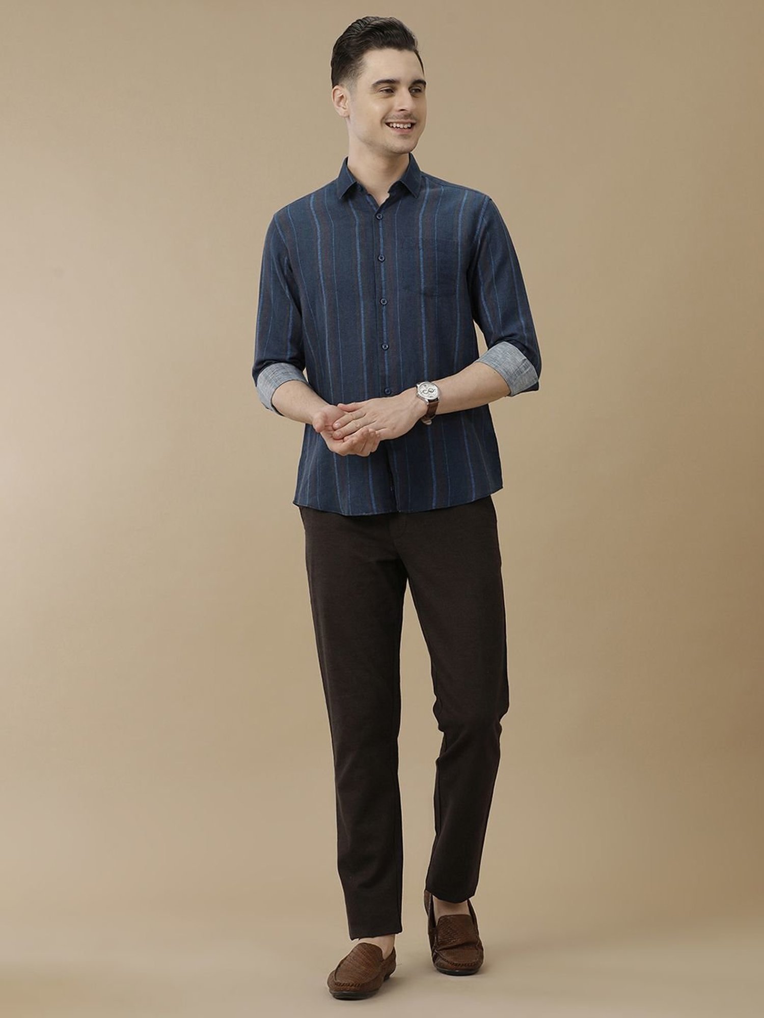 Linen Club Blue Linen Contemporary Fit Striped Shirt