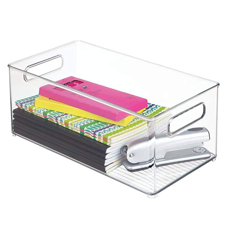 Plastic Storage Bin Container Home Office Desk and Drawer Organizer Tote with Handles Holds Gel Pens Erasers Tape Pens Pencils Markers Envelopes 145 Long 4 Pack Clear