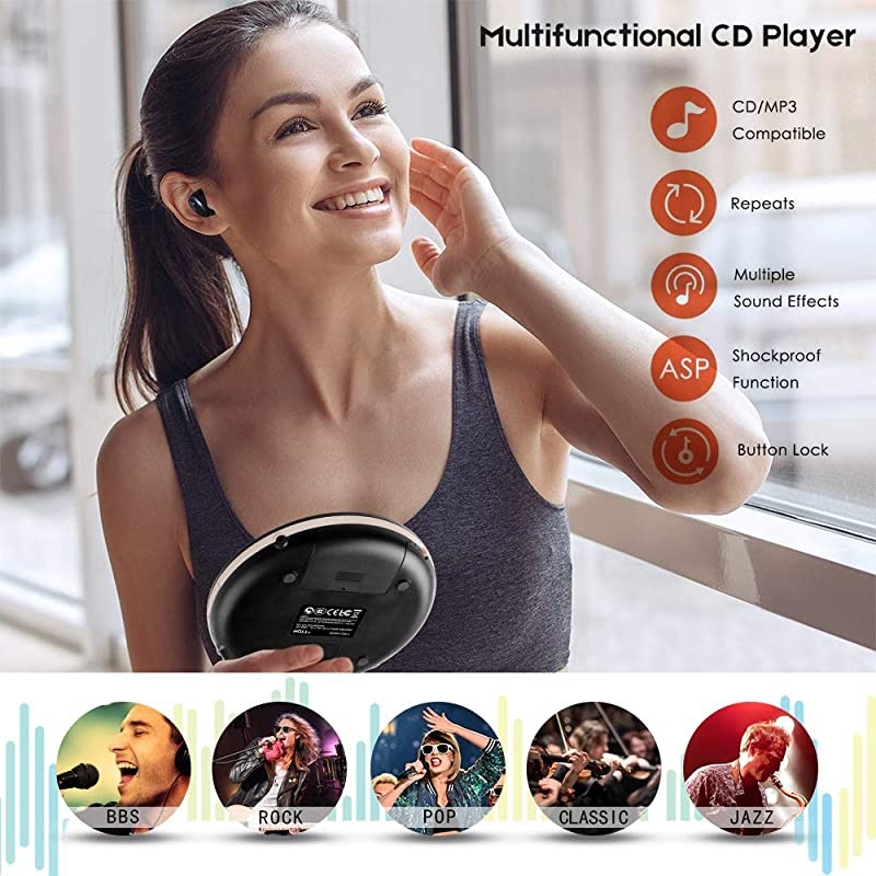 CD611 Portable CD Player Personal Compact CD Player with LCD Display AntiSkipAntiShock Walkman Small Music CD Player with Headphones USB Cable for Car Home Travel Black