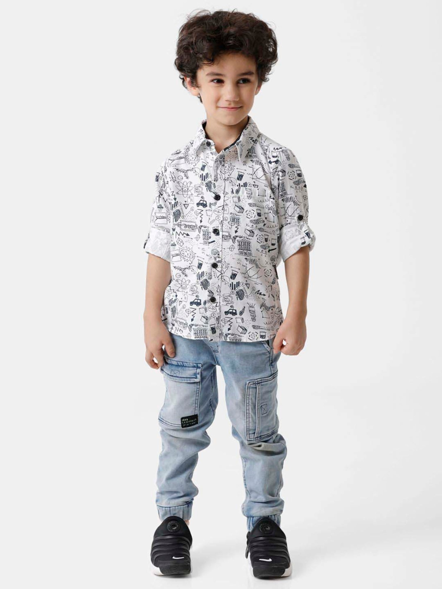 Kate & Oscar Kids White & Black Cotton Printed Full Sleeves Shirt