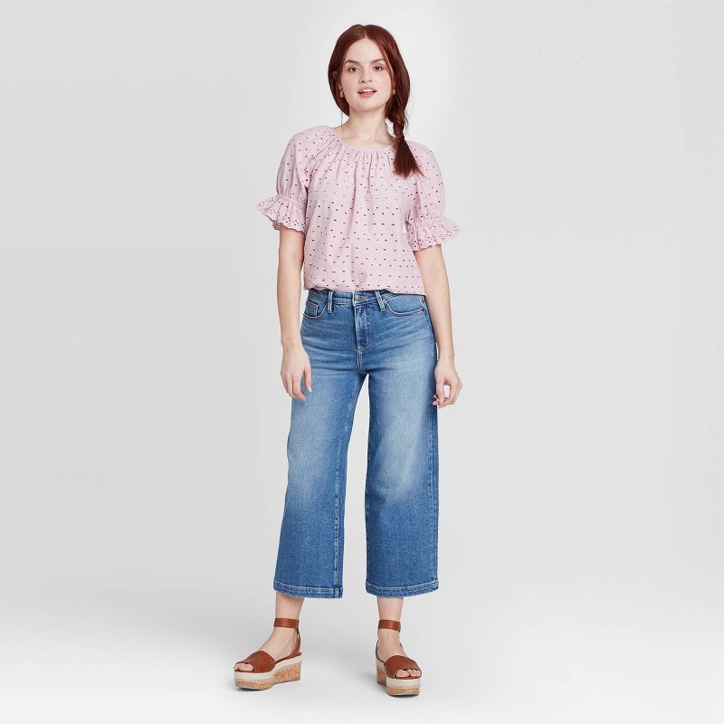 Women's Short Sleeve Round Neck Eyelet Top - Universal Thread™ Lilac L