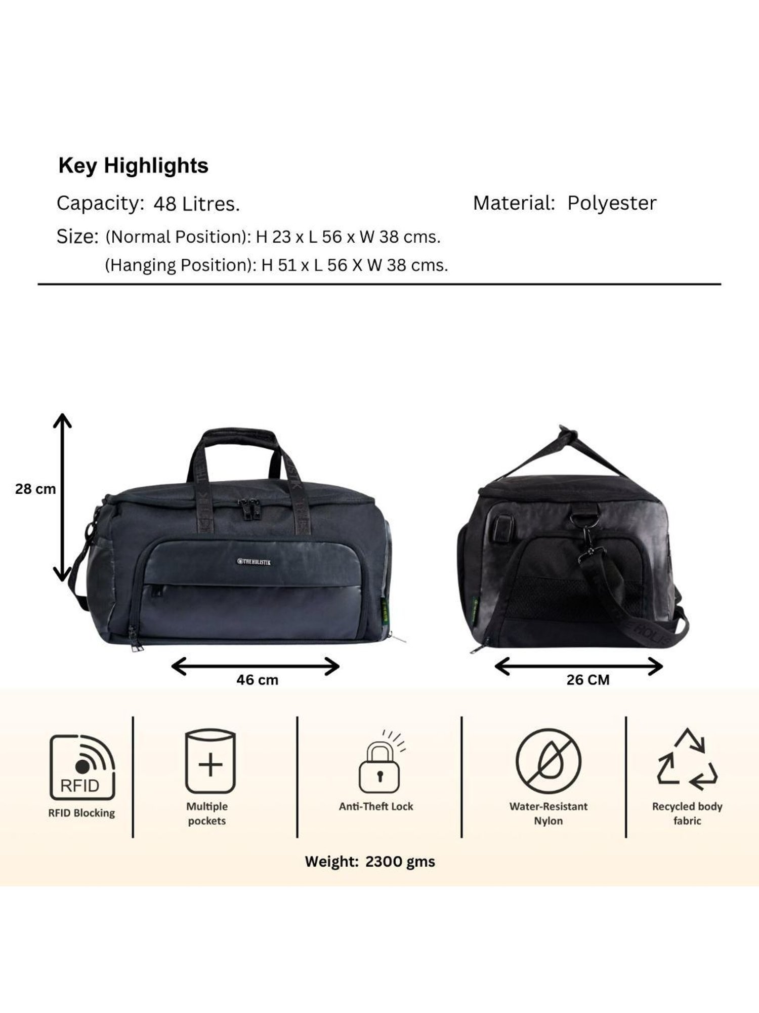 THE HOLISTIK Black Large Wanderer Expandable Duffel Bag