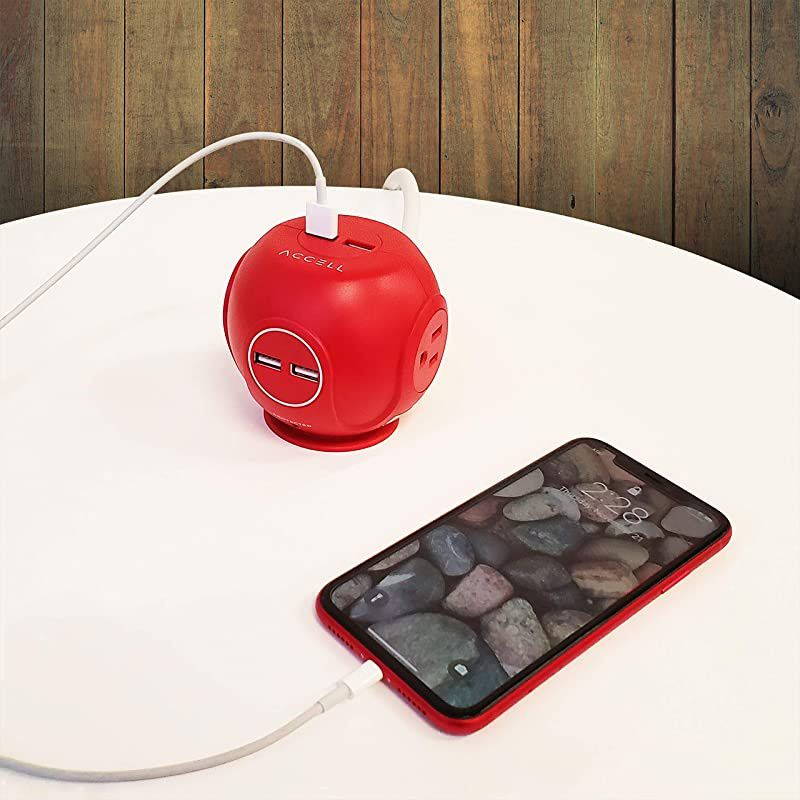 Power Cutie Compact Surge Protector with 3 Tamper Resistant 540J Surge Protected AC outlets and 4 USBA Charging Ports 6ft Cord Red