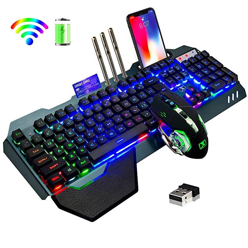 Gaming Keyboard and Mouse,Rainbow Backlit Rechargeable Keyboard Mouse with 3800mAh Battery Metal Panel,Removable Hand Rest Mechanical Feel Keyboard and 7 Color Gaming Mute Mouse for PC Gamers