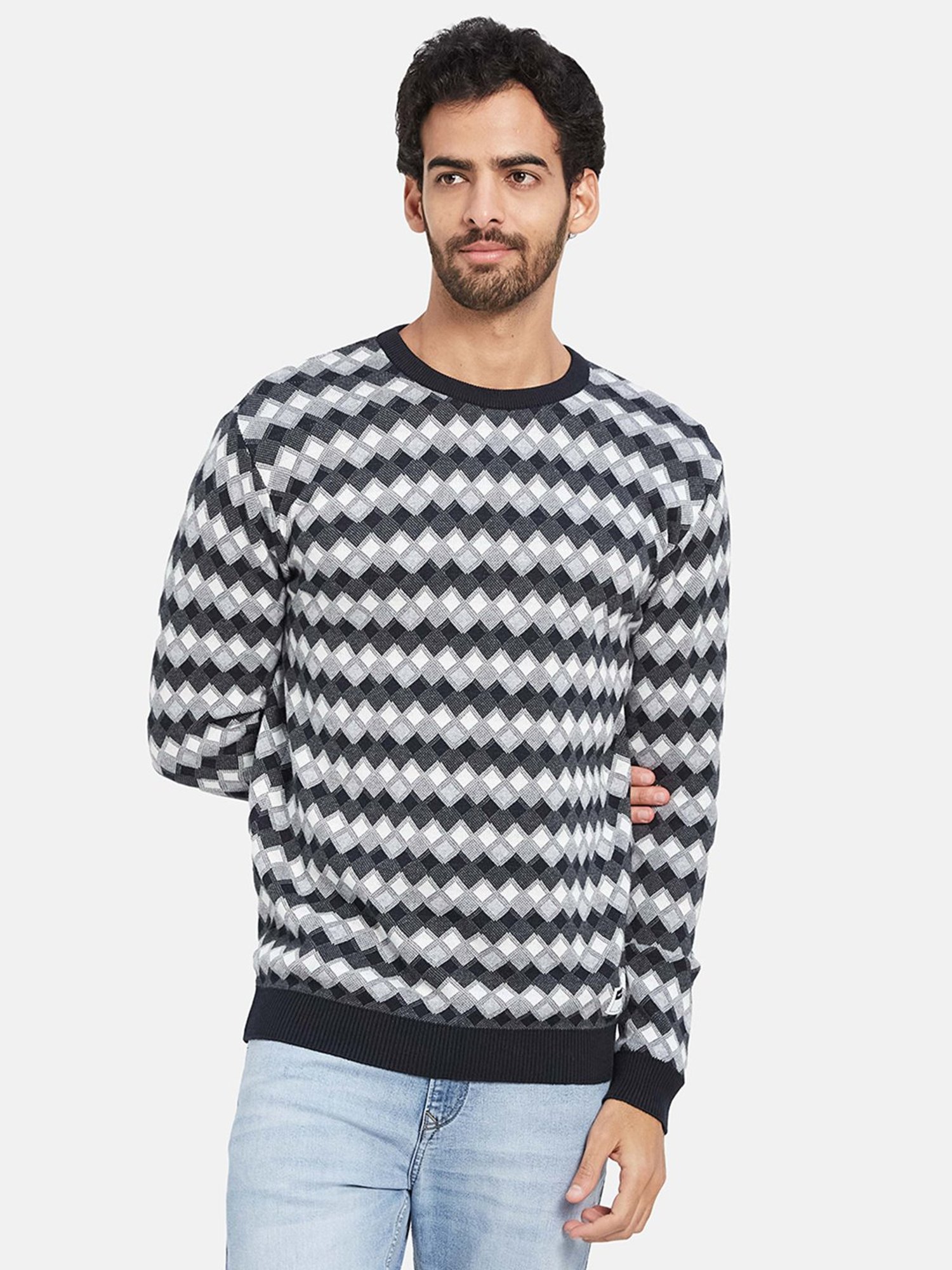 METTLE Navy Regular Fit Geometric Print Round Neck Sweater