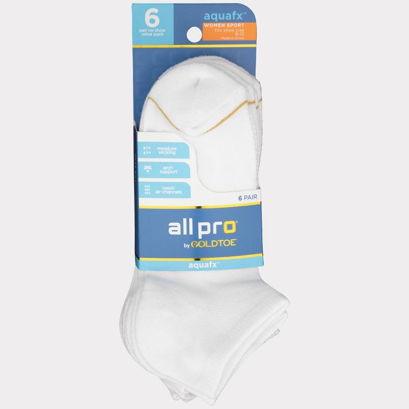All Pro Women's Extended Size Aqua FX 6pk No Show Athletic Socks - White 8-12