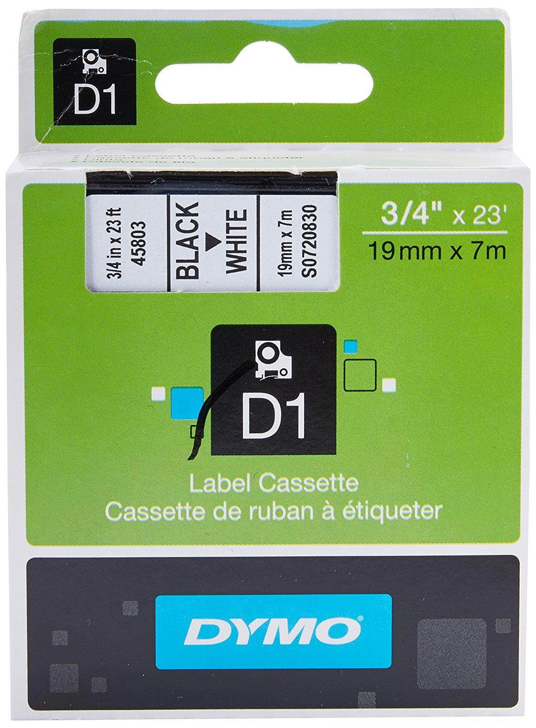DYMO Labeller Tape, D1 Tape Cassette 3/4 x 23', Box of 1, Black on White (45803)