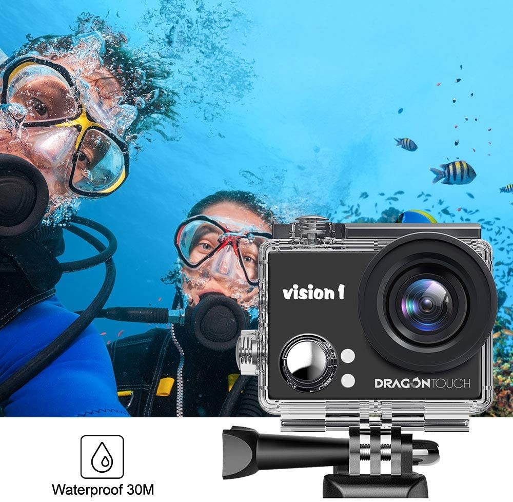 Dragon Touch 1080P Action Camera 12MP Underwater Waterproof Camcorder with 2" LCD Screen Remote Control and Mounting Accessories Kits Vision 1