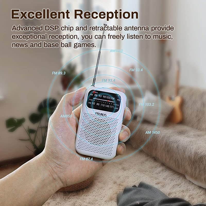 J777 Portable Pocket Radio AM FM Transistor Radio Battery Operated Stereo Headphones Jack Excellent Reception by White